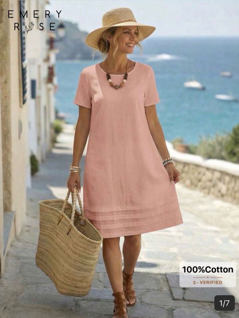 Emery Rose Women's Pink Cotton A-Line Short Sleeve Dress